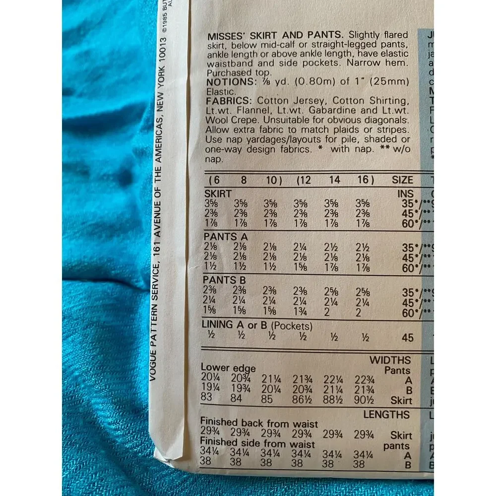 Vogue sewing pattern 9303 pants skirt pockets size 12 14
